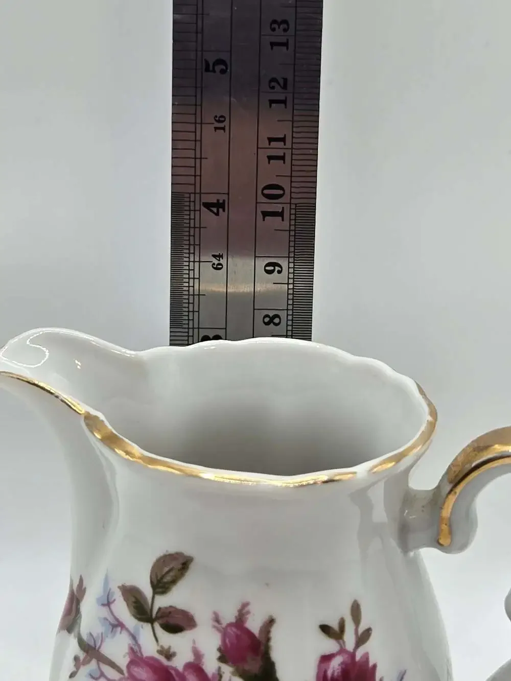 Vintage Japanese Fine Porcelain Moss Rose Floral Creamer with Gold Trim